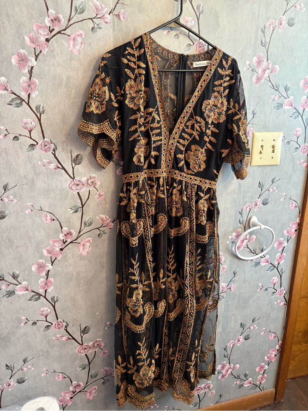 Embroidered Black Maxi Dress with Gold Floral Accents